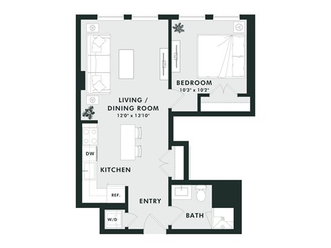 Floor plan for 1 bed, 1 bath, 625 sqft